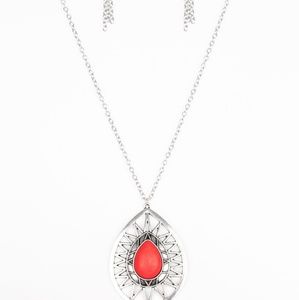 Silver and red necklace.